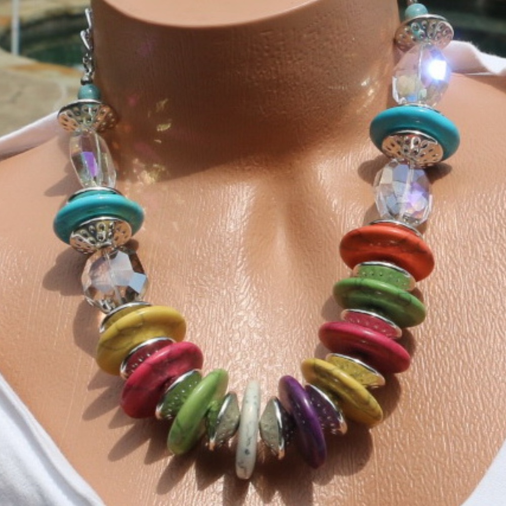Chunky Multi Stone & Bead Boho Statement Necklace - Picture 2 of 5